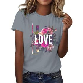 FNKDOR Tunkia Love Alfabe Baskılı Çiçek Desenli Yuvarlak Yaka Kısa Kol Standart Kesim Gri Kadın T-shirt