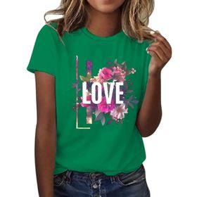 FNKDOR Tunkia Love Alfabe Baskılı Çiçek Desenli Yuvarlak Yaka Kısa Kol Standart Kesim Yeşil Kadın T-shirt