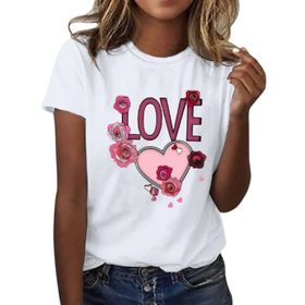 FNKDOR Tunkia Love Alfabe Baskılı Kalp Desenli Yuvarlak Yaka Kısa Kol Standart Kesim Beyaz Kadın T-shirt