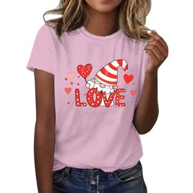 FNKDOR Tunkia Love Alfabe Baskılı Kalp Desenli Yuvarlak Yaka Kısa Kol Standart Kesim Pembe Kadın T-shirt