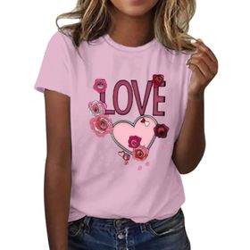 FNKDOR Tunkia Love Alfabe Baskılı Kalp Desenli Yuvarlak Yaka Kısa Kol Standart Kesim Pembe Kadın T-shirt