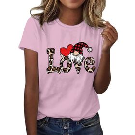 FNKDOR Tunkia Love Alfabe Baskılı Kalp Desenli Yuvarlak Yaka Kısa Kol Standart Kesim Pembe Kadın T-shirt