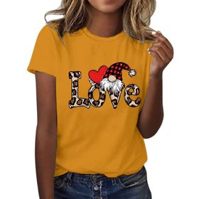 FNKDOR Tunkia Love Alfabe Baskılı Kalp Desenli Yuvarlak Yaka Kısa Kol Standart Kesim Sarı Kadın T-shirt