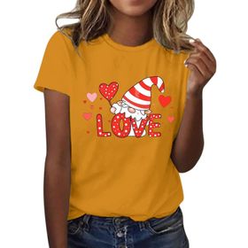 FNKDOR Tunkia Love Alfabe Baskılı Kalp Desenli Yuvarlak Yaka Kısa Kol Standart Kesim Sarı Kadın T-shirt