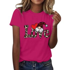 FNKDOR Tunkia Love Alfabe Baskılı Kalp Desenli Yuvarlak Yaka Kısa Kol Standart Kesim Sıcak Gül Rengi Kadın T-shirt