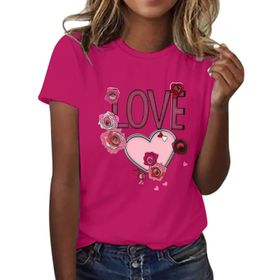 FNKDOR Tunkia Love Alfabe Baskılı Kalp Desenli Yuvarlak Yaka Kısa Kol Standart Kesim Sıcak Gül Rengi Kadın T-shirt