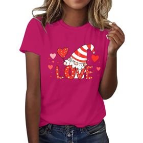 FNKDOR Tunkia Love Alfabe Baskılı Kalp Desenli Yuvarlak Yaka Kısa Kol Standart Kesim Sıcak Gül Rengi Kadın T-shirt
