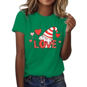 FNKDOR Tunkia Love Alfabe Baskılı Kalp Desenli Yuvarlak Yaka Kısa Kol Standart Kesim Yeşil Kadın T-shirt