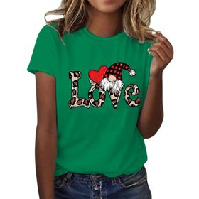 FNKDOR Tunkia Love Alfabe Baskılı Kalp Desenli Yuvarlak Yaka Kısa Kol Standart Kesim Yeşil Kadın T-shirt