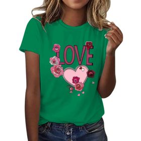 FNKDOR Tunkia Love Alfabe Baskılı Kalp Desenli Yuvarlak Yaka Kısa Kol Standart Kesim Yeşil Kadın T-shirt