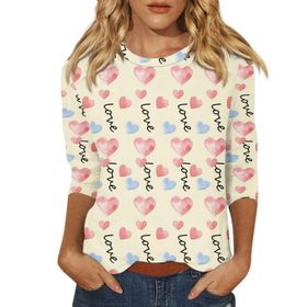 FNKDOR Tunkia Love Kalp Grafik Bej Yuvarlak Yaka Uzun Kollu Kadın Bluz