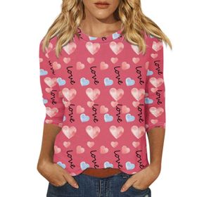FNKDOR Tunkia Love Kalp Grafik Kırmızı Yuvarlak Yaka Uzun Kollu Kadın Bluz