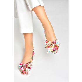 Fox Shoes H726809004 Beyaz/kırmızı Saten Kumaş Çiçek Baskı Kadın Babet