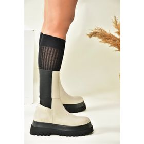Fox Shoes J267063109 Bej Suni Deri Kalın Tabanlı Kadın Bot