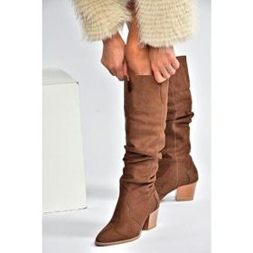 Fox Shoes J404040102 Kahverengi Süet Kalın Topuklu Kadın Çizme