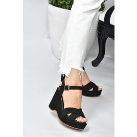 Fox Shoes K250909002 Siyah Süet Kadın Dolgu Topuklu Ayakkabı