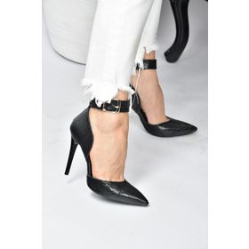 Fox Shoes K654073307 Siyah Yılan Baskı Kadın Topuklu Ayakkabı
