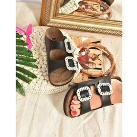 Fox Shoes K777604809 Siyah Çift Tokalı Taşlı Kadın Terlik