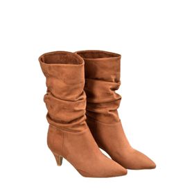Fox Shoes L404810602 Taba Süet Kısa Topuklu Büzgülü Kadın Bot