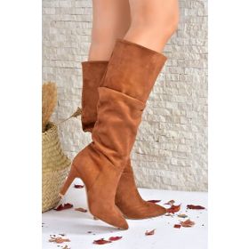 Fox Shoes L404868002 Taba Süet İnce Topuklu Kadın Çizme