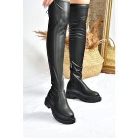 Fox Shoes L670125309 Siyah Suni Deri Streç Diz Üstü Kadın Çizme