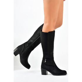 Fox Shoes L674211209 Siyah Suni Deri Kalın Topuklu Kadın Çizme