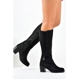 Fox Shoes L674211209 Siyah Suni Deri Kalın Topuklu Kadın Çizme