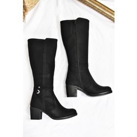 Fox Shoes L674211209 Siyah Suni Deri Kalın Topuklu Kadın Çizme