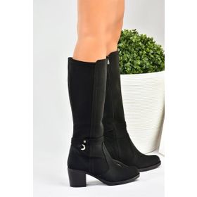 Fox Shoes L674211209 Siyah Suni Deri Kalın Topuklu Kadın Çizme