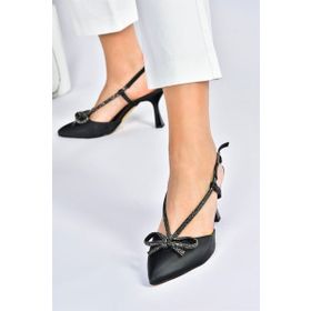 Fox Shoes M246065704 Siyah Saten Kumaş Taş Detaylı Kadın Topuklu Ayakkabı