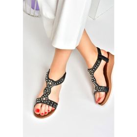Fox Shoes M258314409 Siyah Metal Boncuklu Günlük Kadın Sandalet