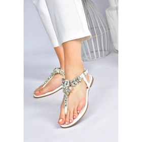 Fox Shoes M272006009 Beyaz Taşlı Parmak Arası Kadın Sandalet