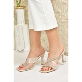 Fox Shoes M312310809 Bej Şeffaf Bant Detaylı Topuklu Kadın Terlik
