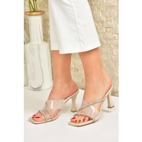 Fox Shoes M312310809 Bej Şeffaf Bant Detaylı Topuklu Kadın Terlik