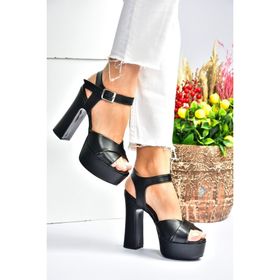 Fox Shoes M348202409 Siyah Suni Deri Platform Topuklu Kadın Abiye Ayakkabı