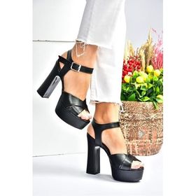 Fox Shoes M348202409 Siyah Suni Deri Platform Topuklu Kadın Abiye Ayakkabı