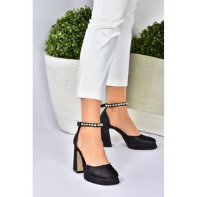 Fox Shoes M404111804 Siyah Saten Kumaş Kalın Platform Kadın Topuklu Ayakkabı
