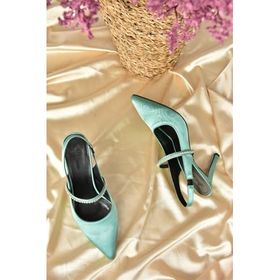 Fox Shoes M404707404 Yeşil Saten Kumaş Taşlı Kadın Topuklu Ayakkabı