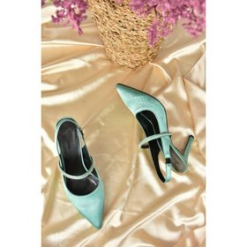 Fox Shoes M404707404 Yeşil Saten Kumaş Taşlı Kadın Topuklu Ayakkabı