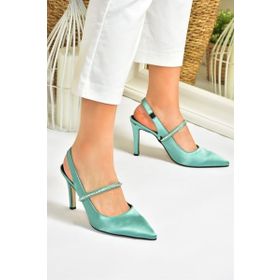 Fox Shoes M404707404 Yeşil Saten Kumaş Taşlı Kadın Topuklu Ayakkabı