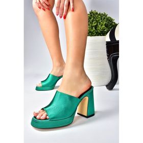 Fox Shoes M570021204 Yeşil Saten Kumaş Kalın Topuklu Kadın Terlik