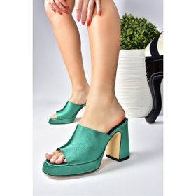Fox Shoes M570021204 Yeşil Saten Kumaş Kalın Topuklu Kadın Terlik