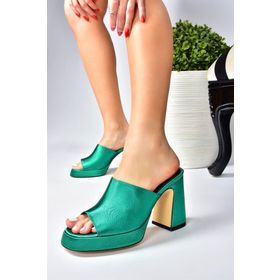 Fox Shoes M570021204 Yeşil Saten Kumaş Kalın Topuklu Kadın Terlik