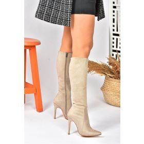Fox Shoes N372530102 Bej Süet İnce Topuklu Sivri Burun Kadın Çizme