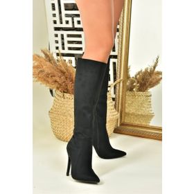 Fox Shoes N372530102 Siyah Süet İnce Topuklu Sivri Burun Kadın Çizme