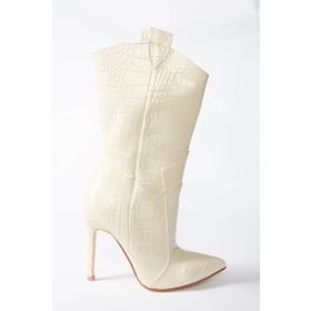 Fox Shoes N372677511 Bej Kroko Baskı Yüksek İnce Topuklu Kadın Bot