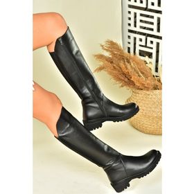 Fox Shoes N654032803 Siyah Hakiki Deri Alçak Topuklu Günlük Kadın Çizme