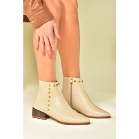 Fox Shoes N820032309 Bej Suni Deri Zımba Detaylı Kadın Bot