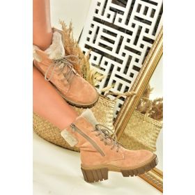Fox Shoes N820171002 Camel Süet Kalın Taban Kadın Kürklü Bot