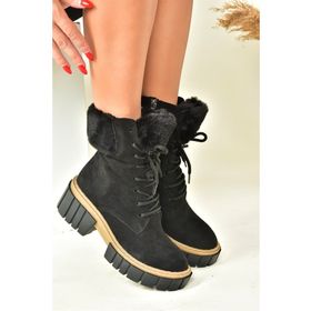Fox Shoes N820171002 Siyah Süet Kalın Taban Kadın Kürklü Bot